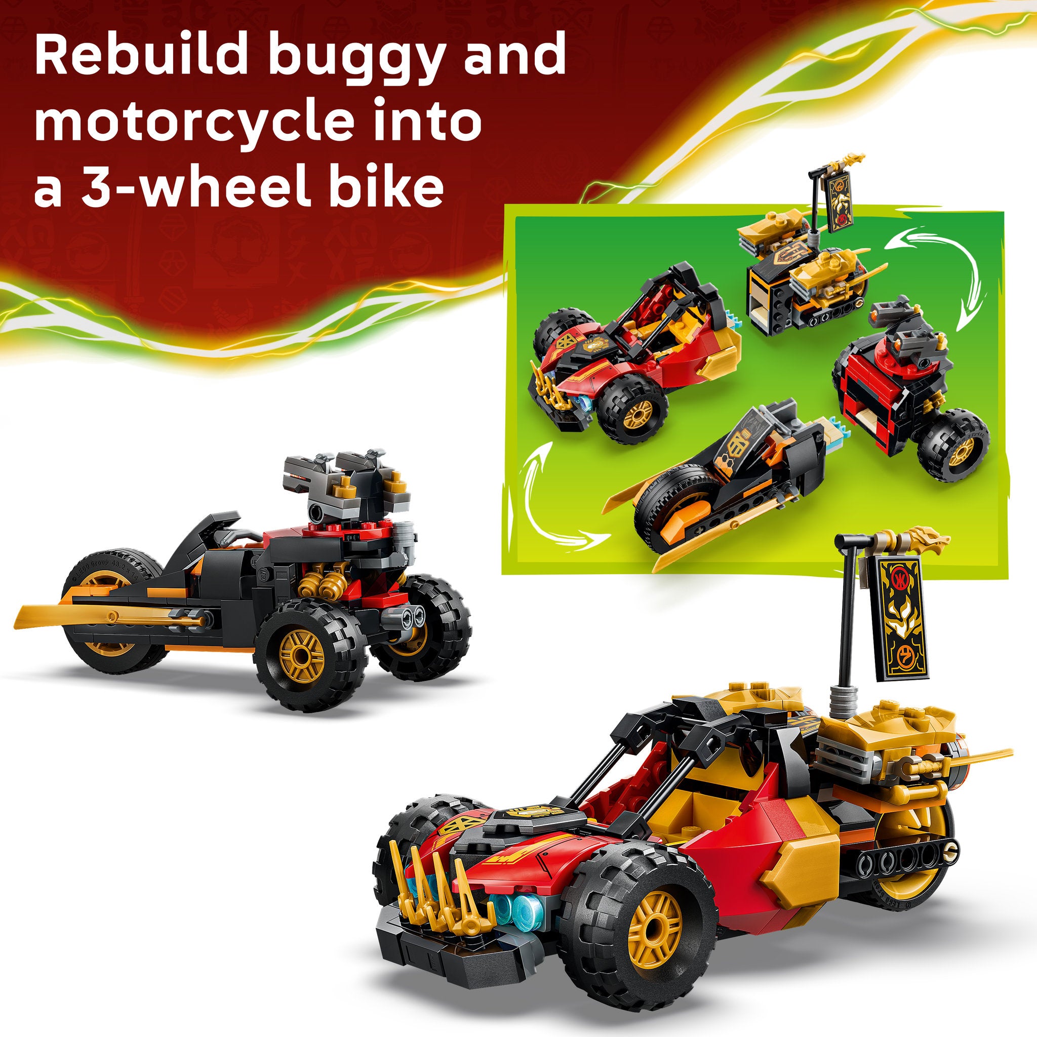 Buggy and motorcycle in the LEGO 71864 NINJAGO Kai and Coles Combiner Vehicles Set