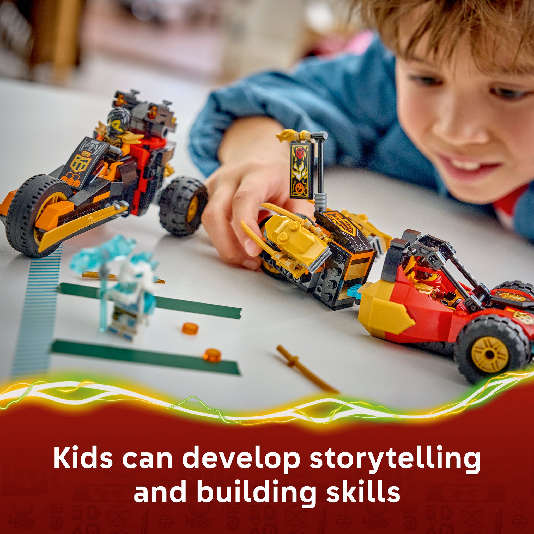 Child building the LEGO 71864 NINJAGO Kai and Coles Combiner Vehicles Set