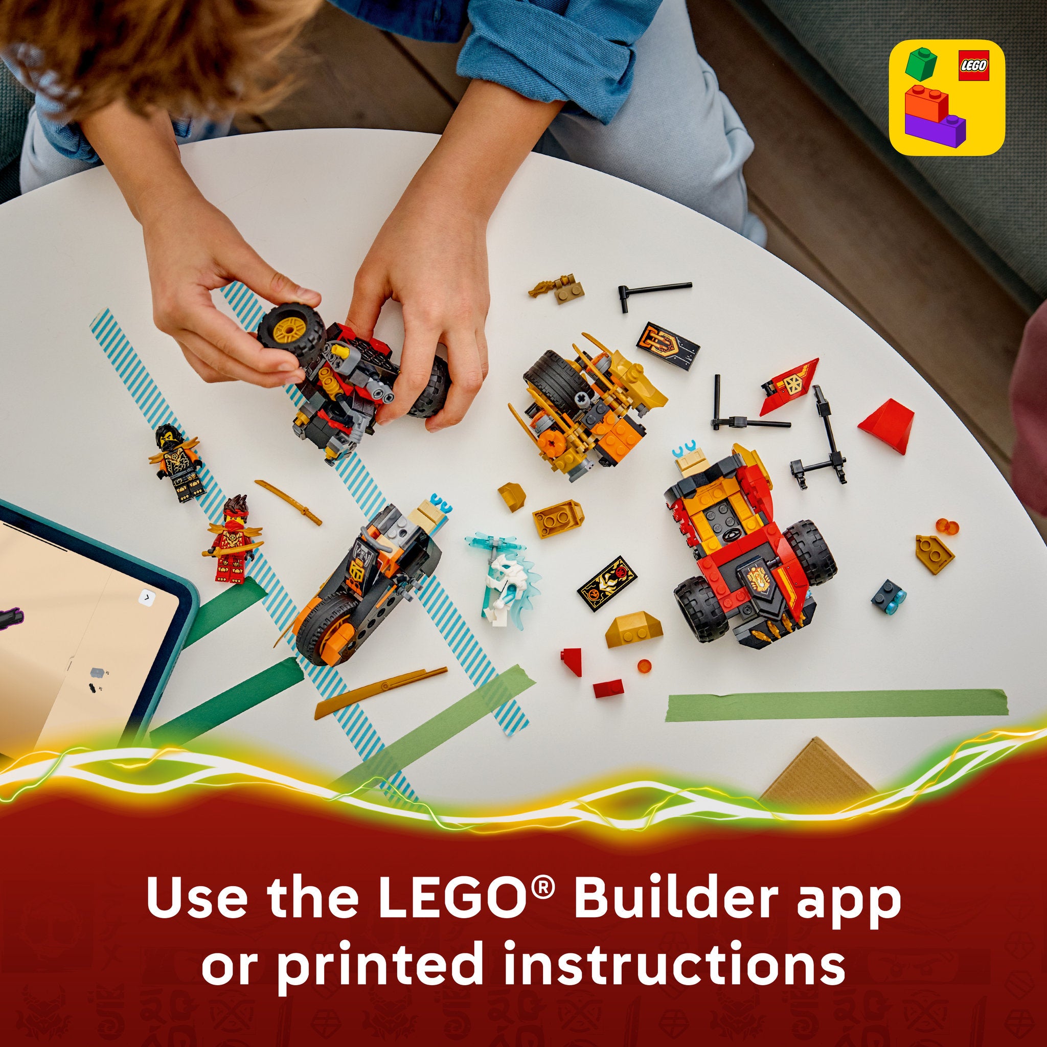 Child building the LEGO 71864 NINJAGO Kai and Coles Combiner Vehicles Set