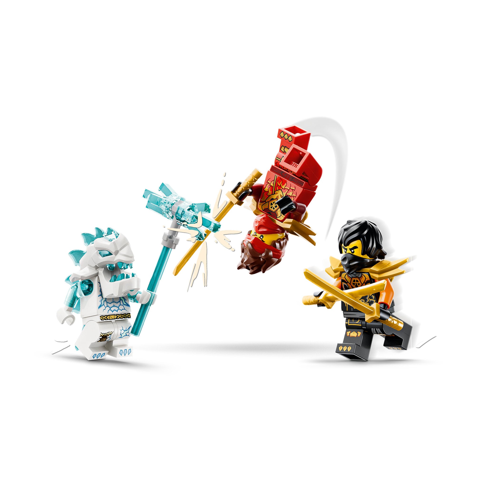Minifigures battling in the LEGO 71864 NINJAGO Kai and Coles Combiner Vehicles Set