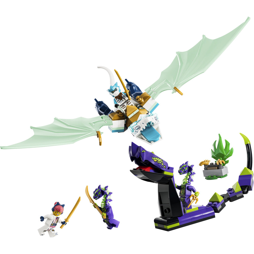 Battle scene from the LEGO 71865 NINJAGO Zanes Ice Dragon Battle Set