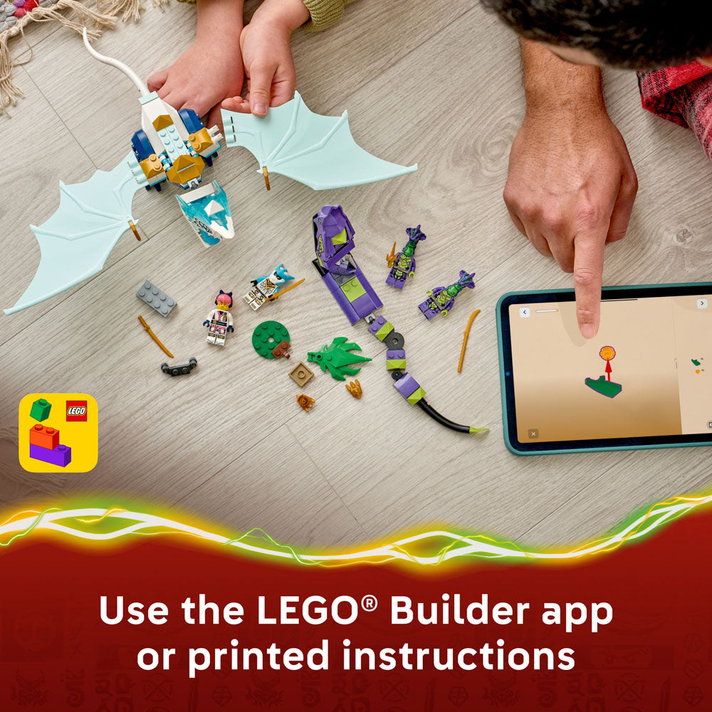 Child and parent using the builder app to make the LEGO 71865 NINJAGO Zanes Ice Dragon Battle Set