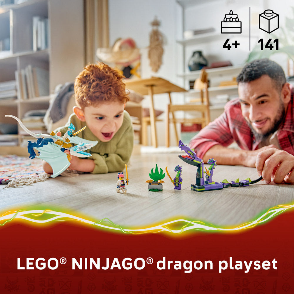 Child and parent playing with the LEGO 71865 NINJAGO Zanes Ice Dragon Battle Set