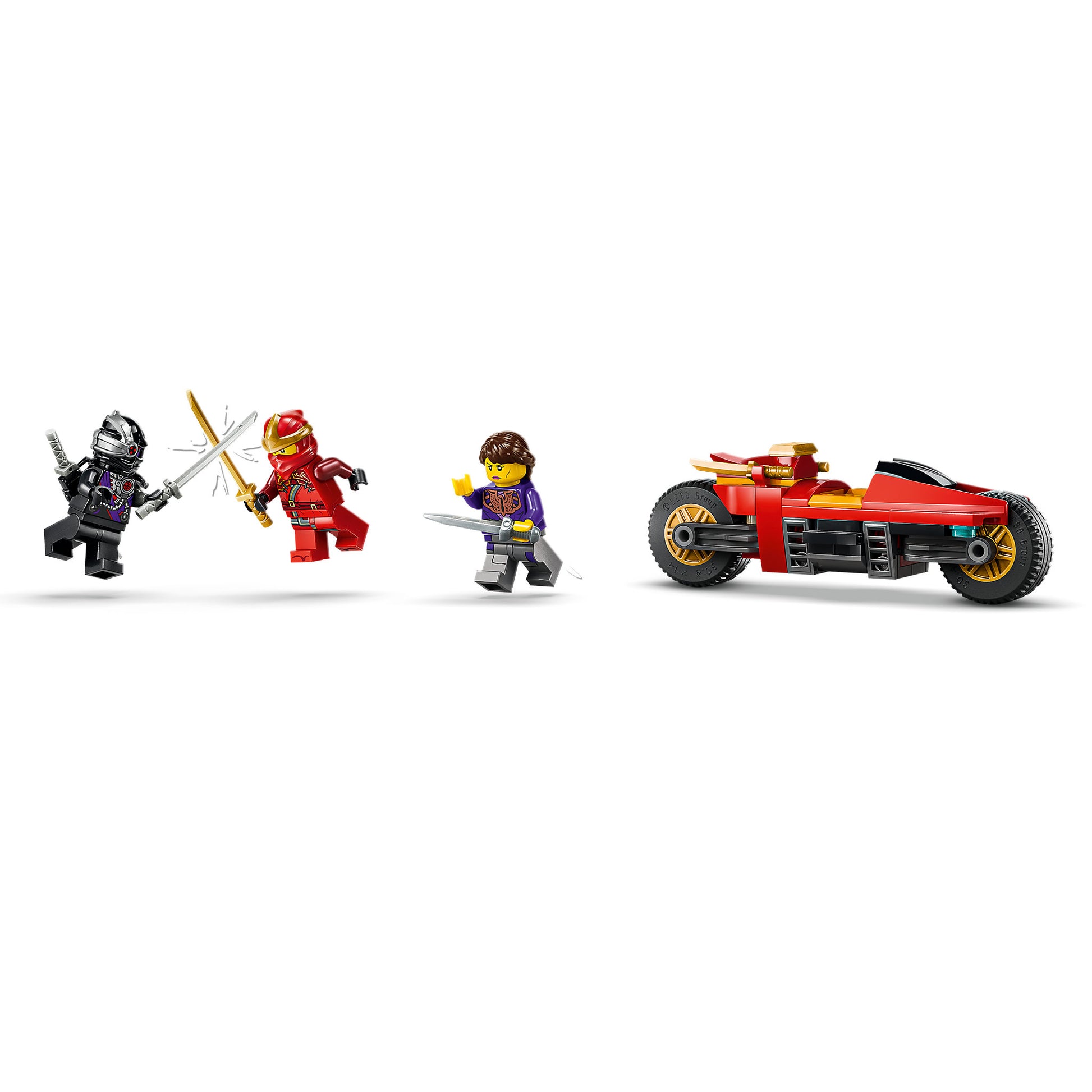 Minifigures and motorcycle in the LEGO 71867 NINJAGO X-1 Ninja Charger 15th Anniversary Set