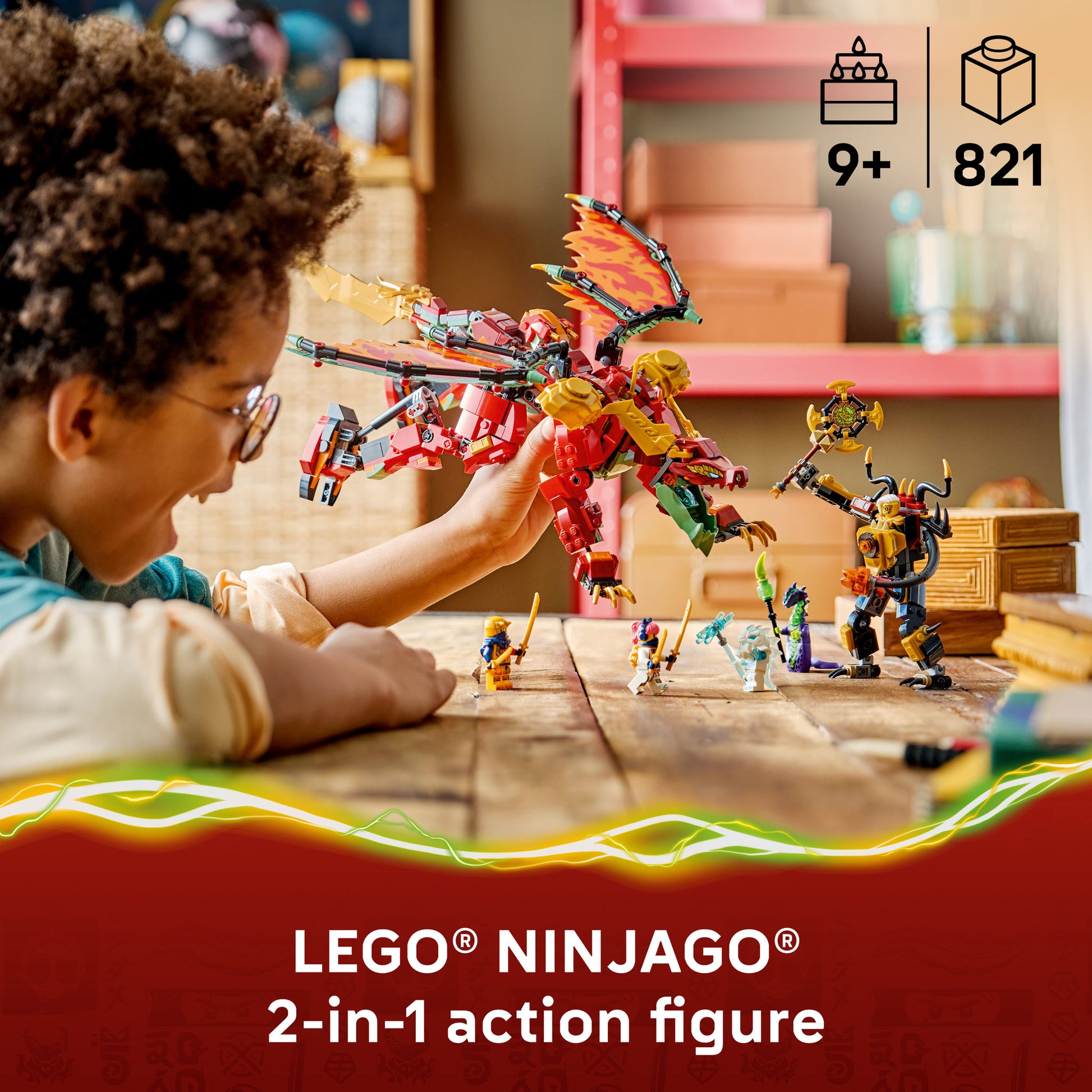 Child playing with assembled LEGO 71868 NINJAGO Wyldfyre's Transforming Dragon Mech Set