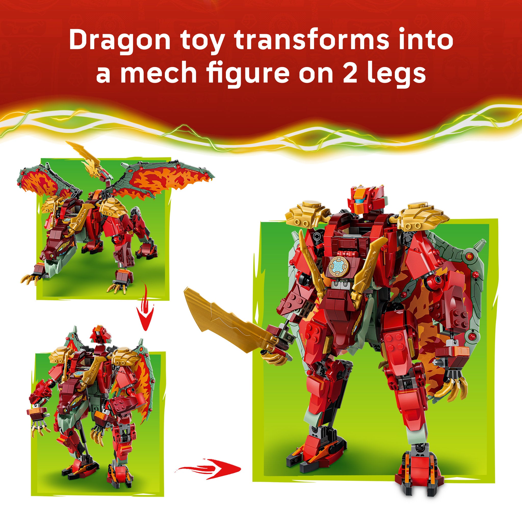 2-legged version of dragon in the LEGO 71868 NINJAGO Wyldfyre's Transforming Dragon Mech Set