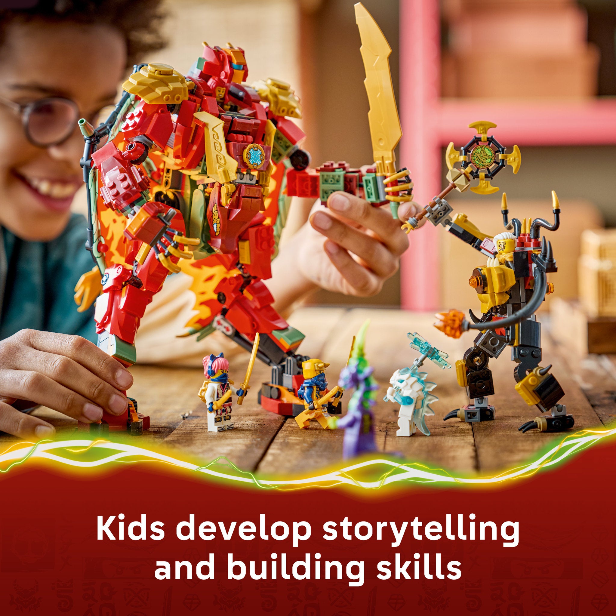 Child playing with the LEGO 71868 NINJAGO Wyldfyre's Transforming Dragon Mech Set