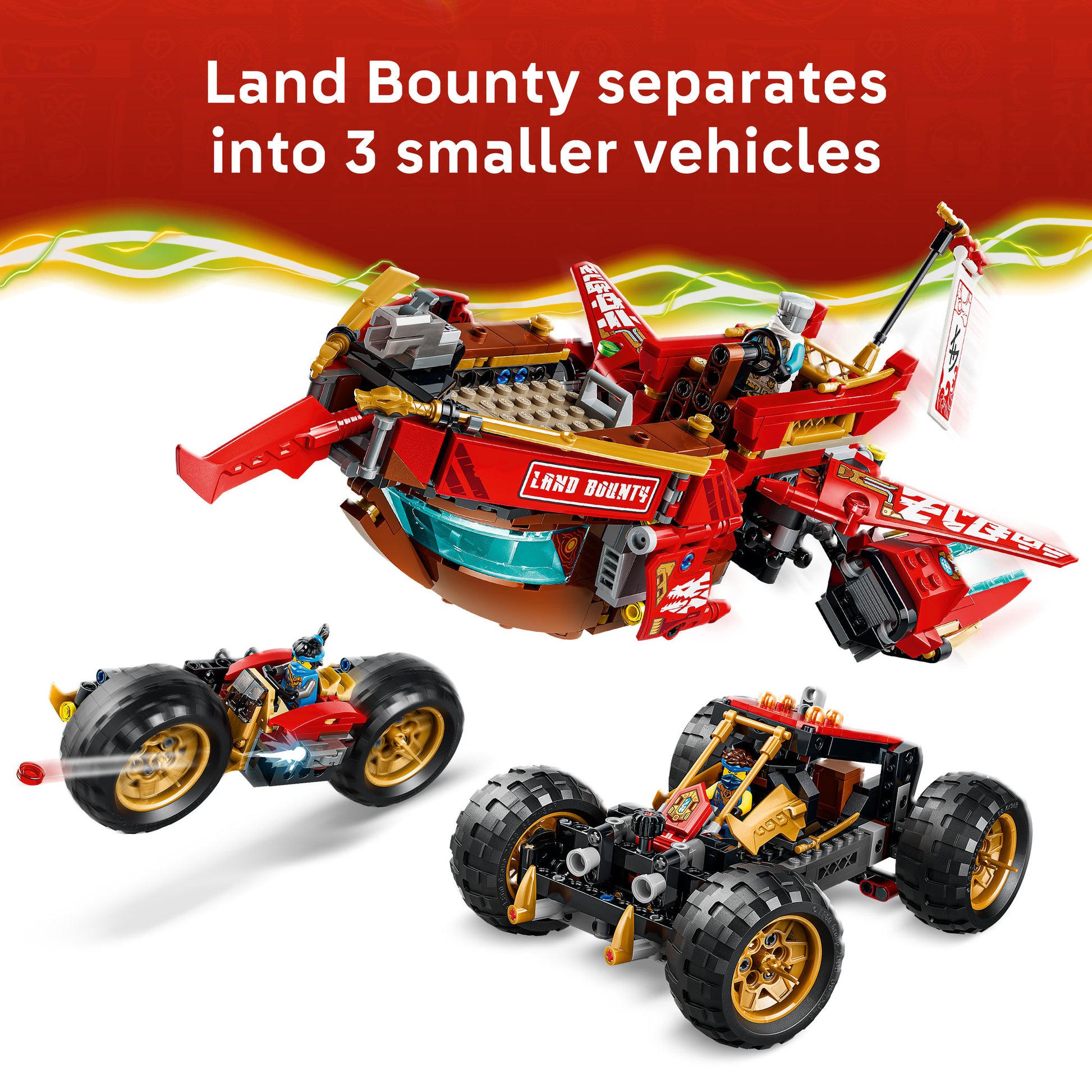 Assembled 3 smaller vehicles in LEGO 71869 NINJAGO The Land Bounty Set