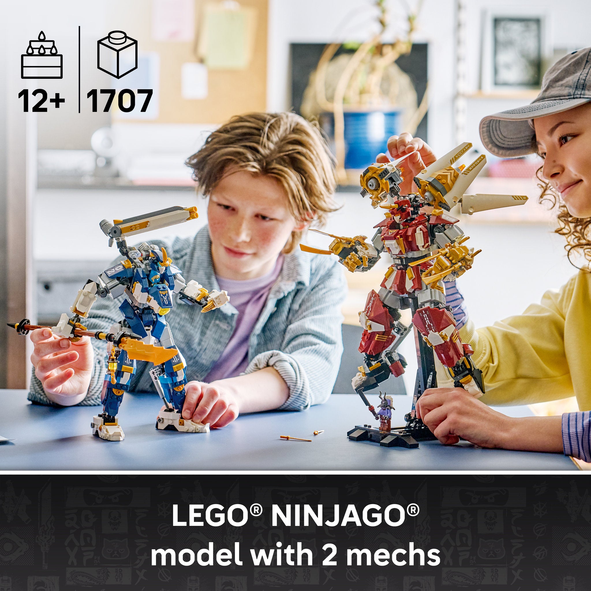 Teenagers building the LEGO 71870 NINJAGO The Twin Titan Mechs