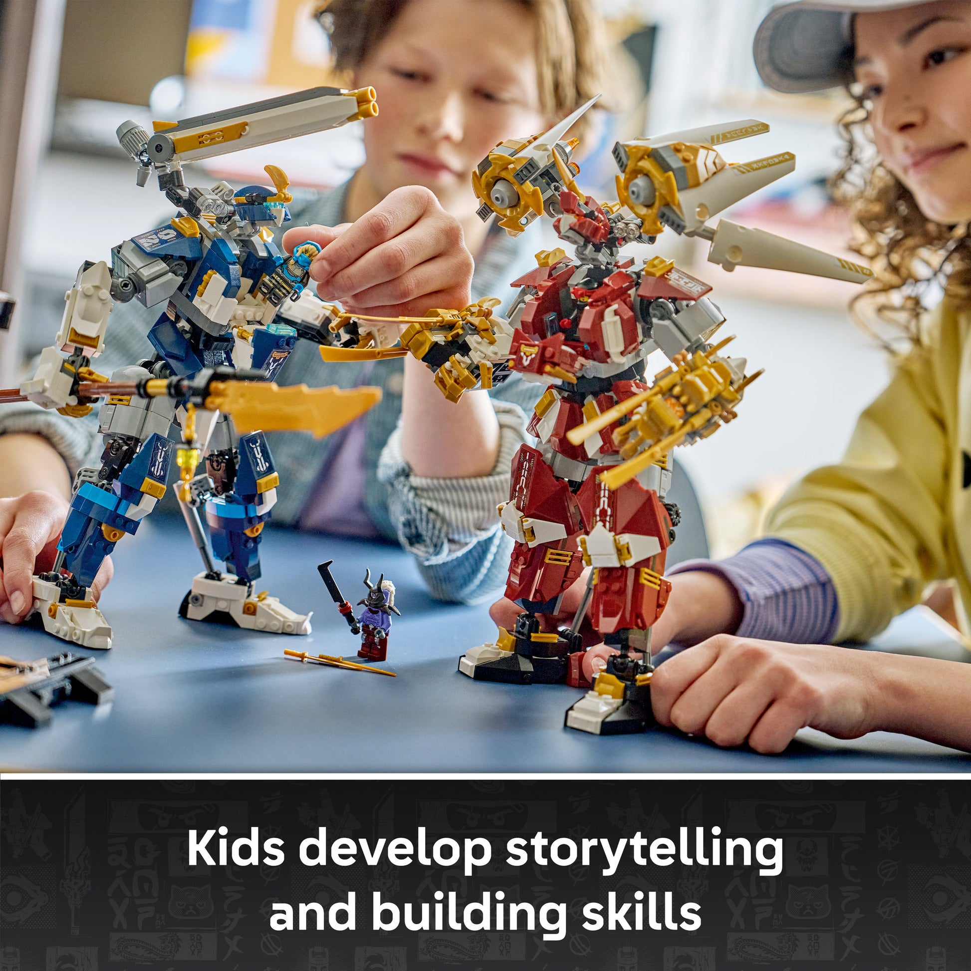 Teenagers building the LEGO 71870 NINJAGO The Twin Titan Mechs