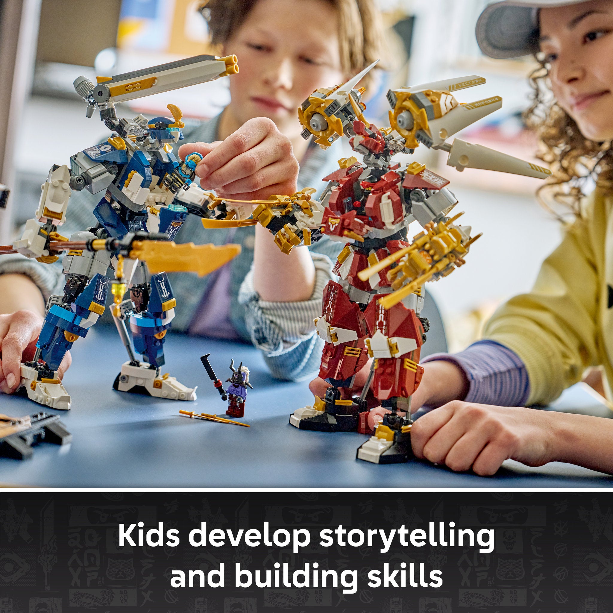Teenagers building the LEGO 71870 NINJAGO The Twin Titan Mechs