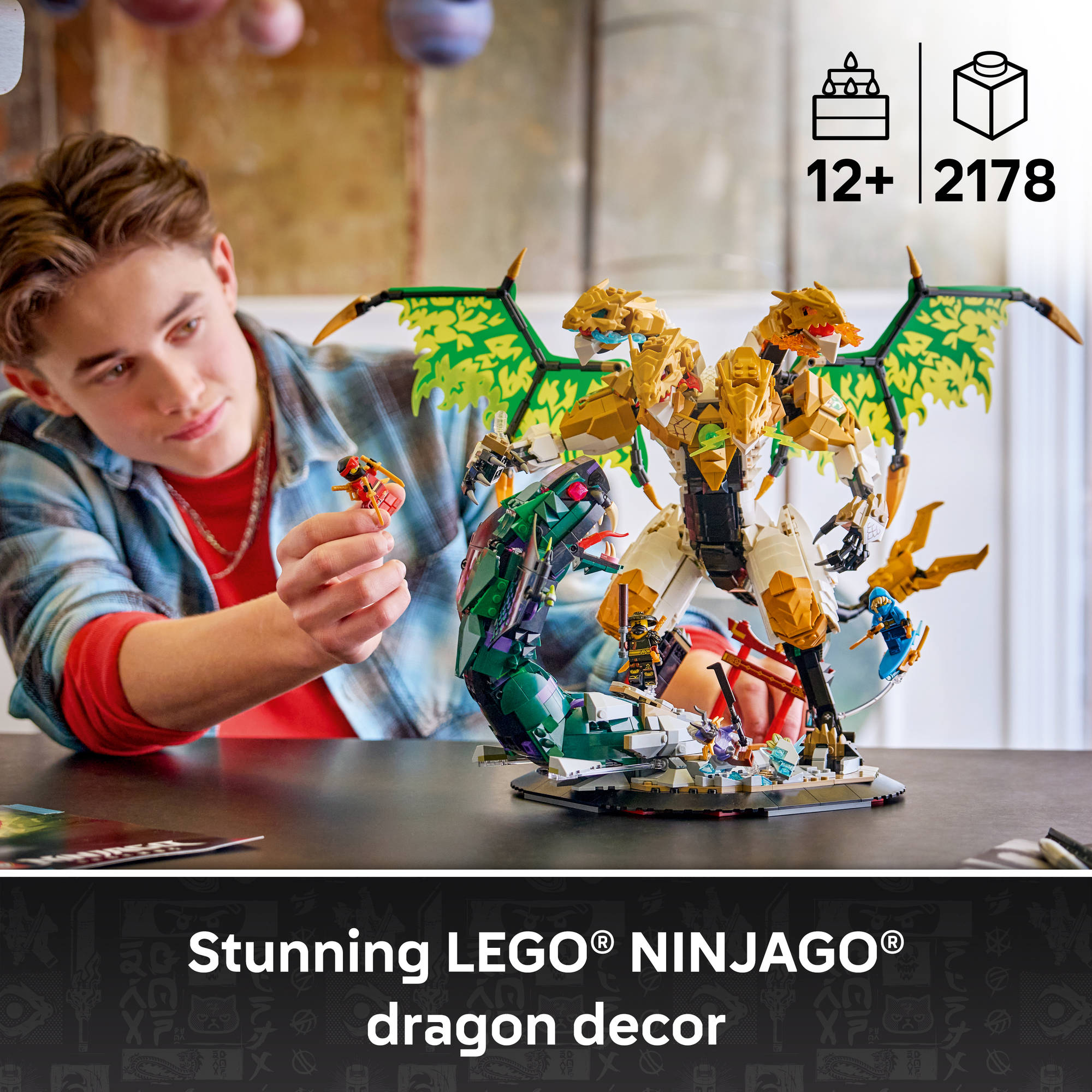 Teenager building the LEGO 71872 NINJAGO Ultra Dragon Battle Set