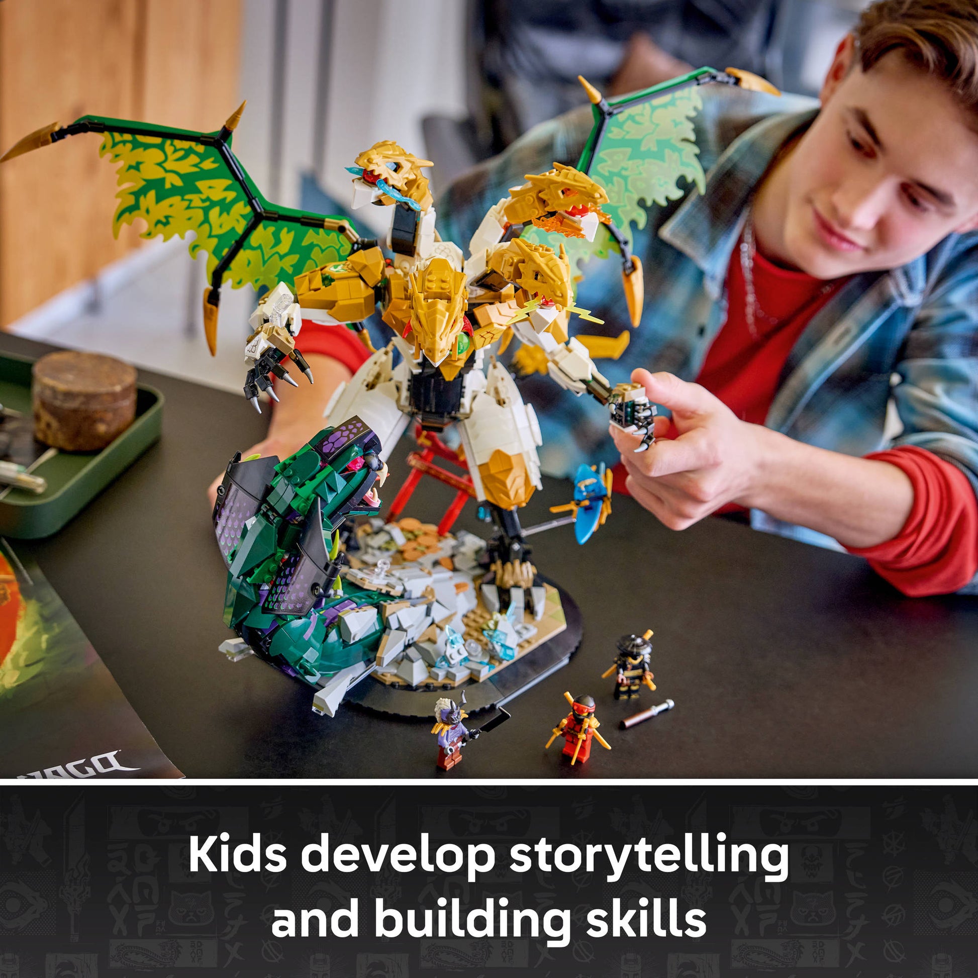 Teenager building the LEGO 71872 NINJAGO Ultra Dragon Battle Set