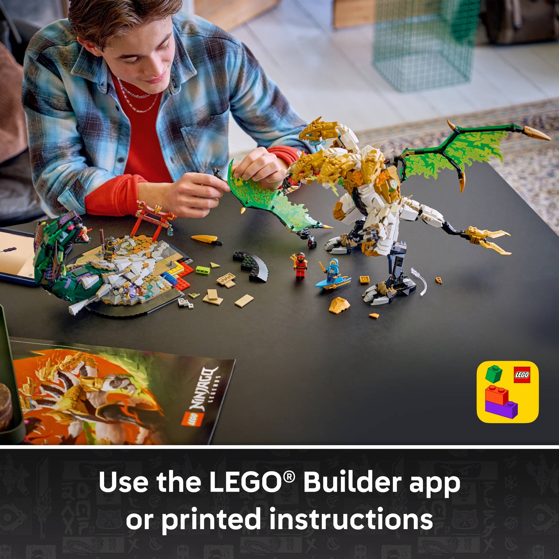 Teenager building the Dragon in LEGO 71872 NINJAGO Ultra Dragon Battle Set
