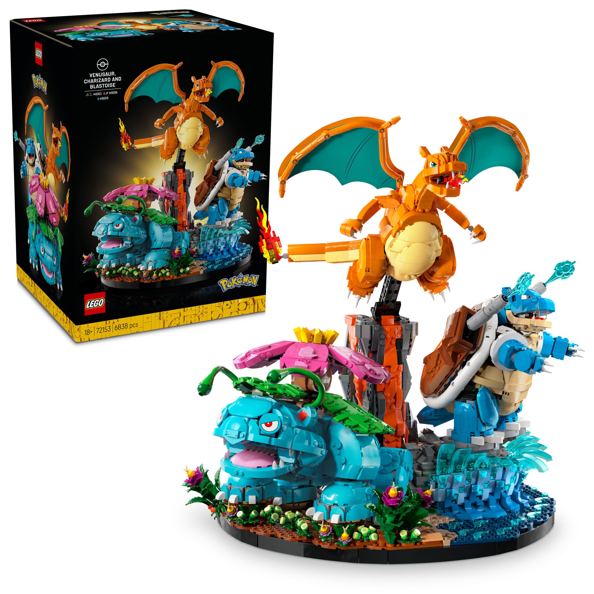 LEGO 72153 Pokemon Venusaur, Charizard and Blastoise Set assembled, with packaging