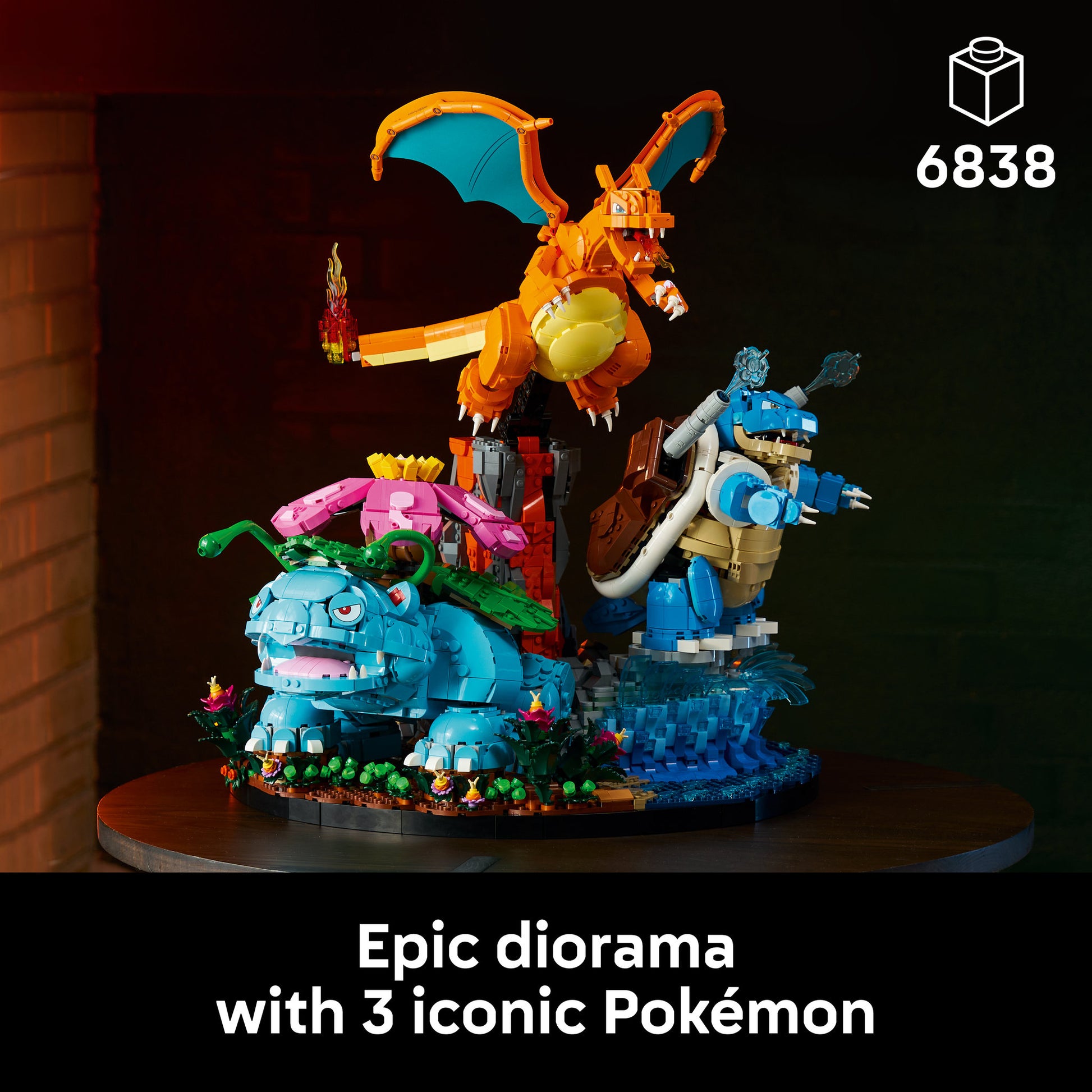Assembled LEGO 72153 Pokemon Venusaur, Charizard and Blastoise Set, on base