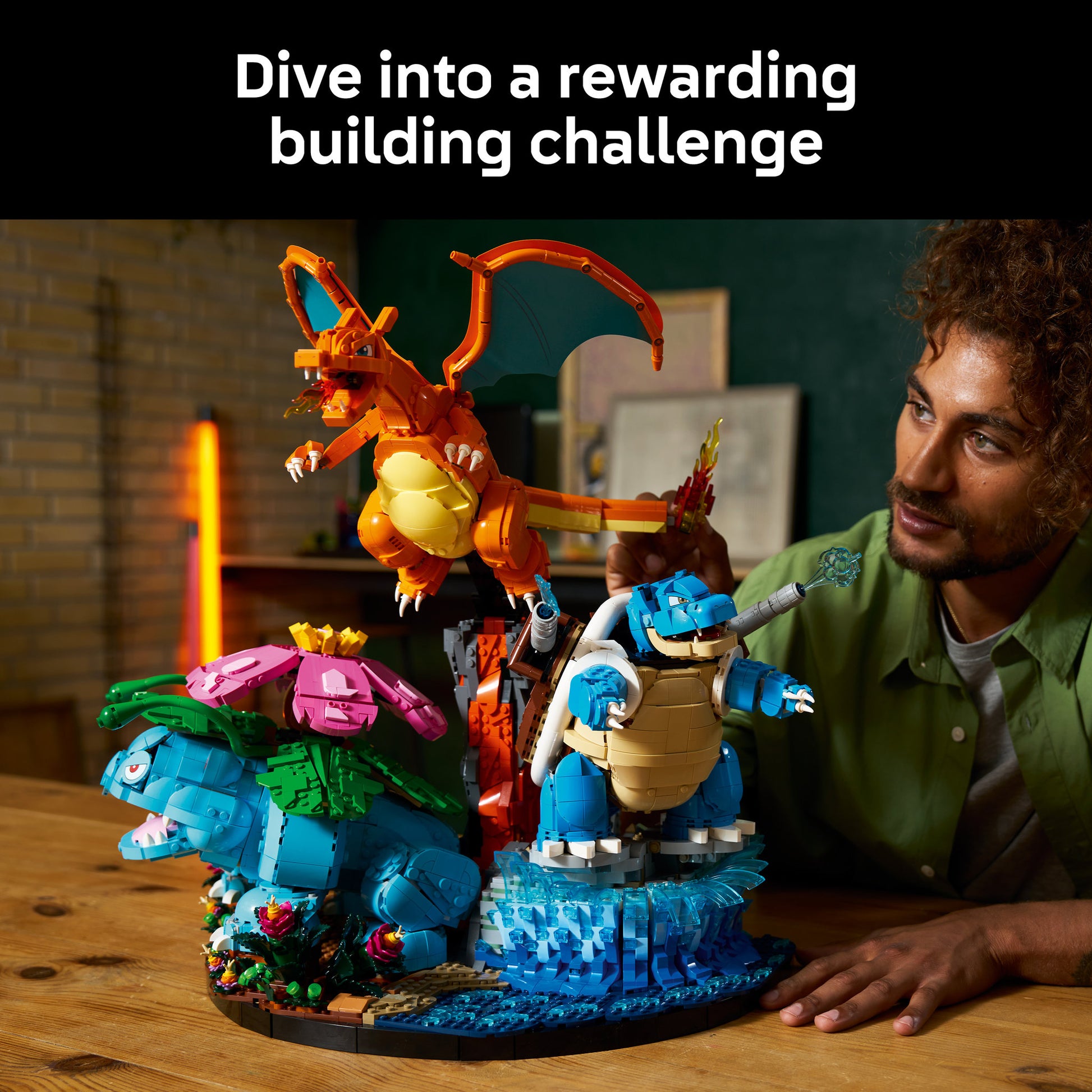 Adult building LEGO 72153 Pokemon Venusaur, Charizard and Blastoise Set