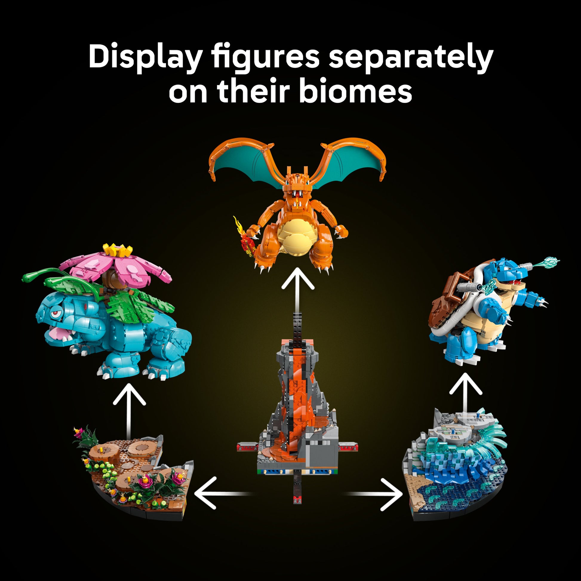 Biome stand for each figure, in LEGO 72153 Pokemon Venusaur, Charizard and Blastoise Set