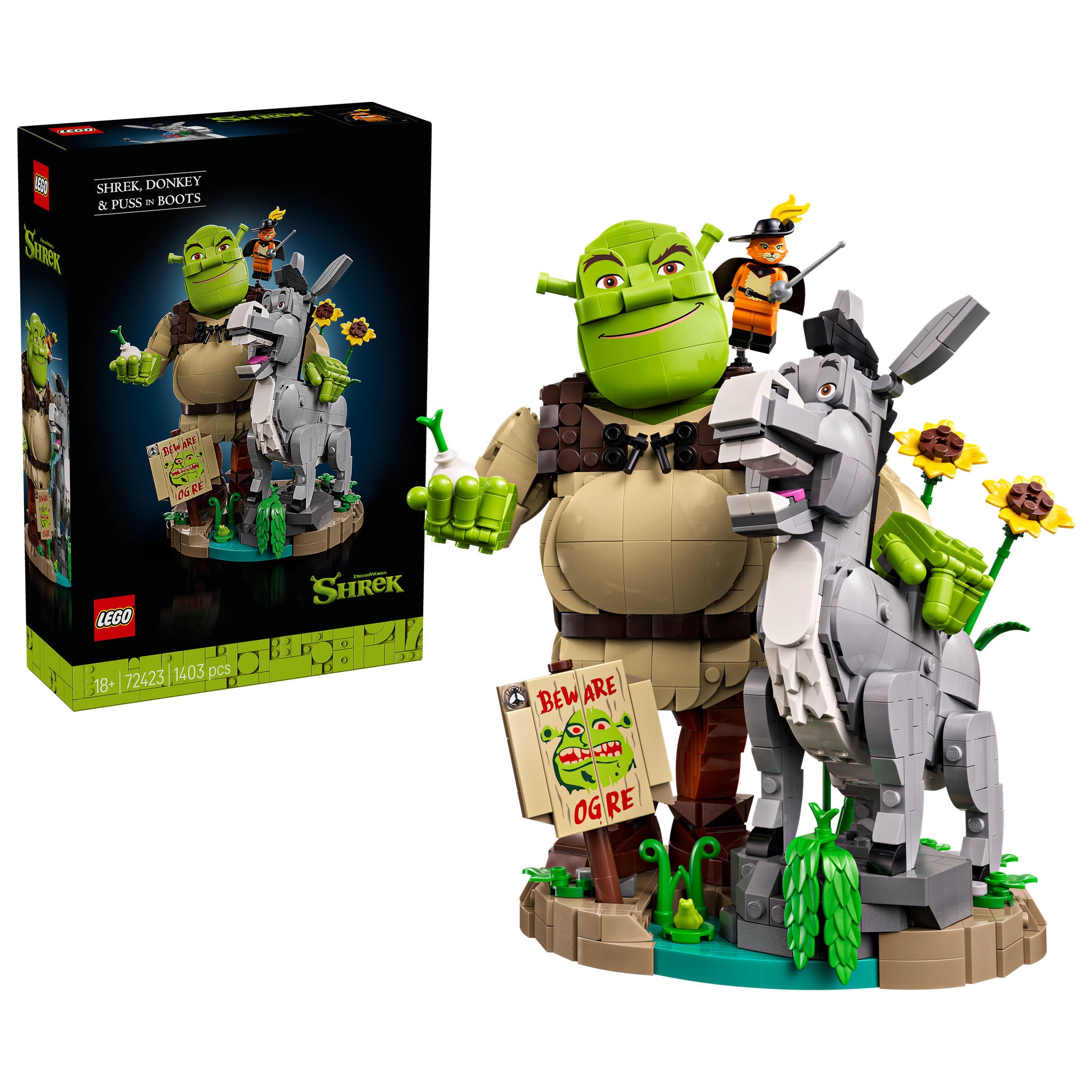 LEGO 72423 Shrek: Shrek, Donkey & Puss in Boots Set assembled, and in packaging