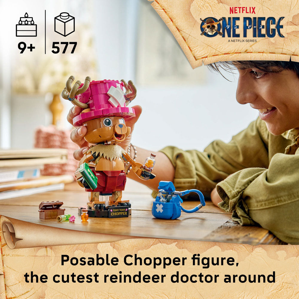 Boy playing with the assembled LEGO 75643 ONE PIECE Tony Tony Chopper set