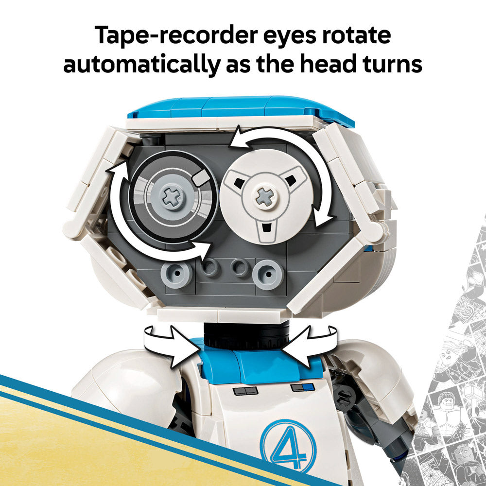 Tape-recorder eyes rotate when head is turned, on the LEGO 76339 Super Heroes The Fantastic Four H.E.R.B.I.E. set
