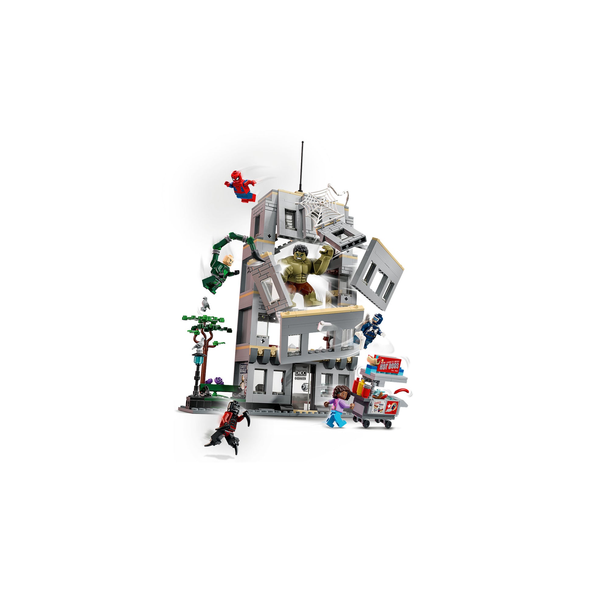 Hulk smashing through wall of LEGO 76350 Marvel Spider-Man vs Hulk Epic Clash Set