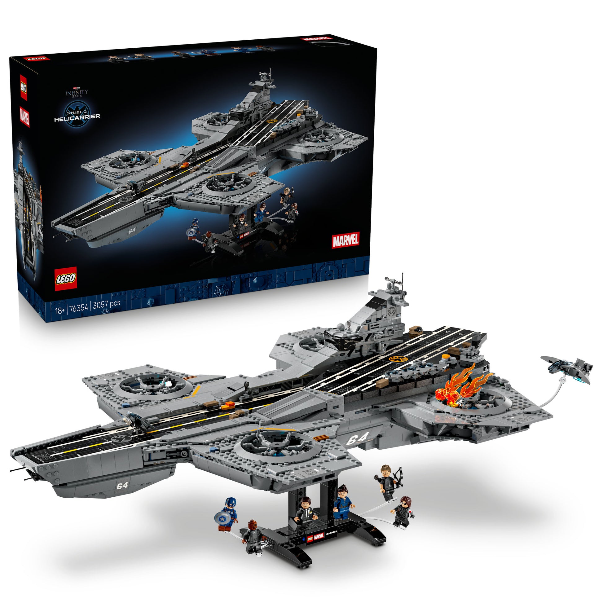 LEGO 76354 Super Heroes S.H.I.E.L.D Helicarrier in packaging, and assembled