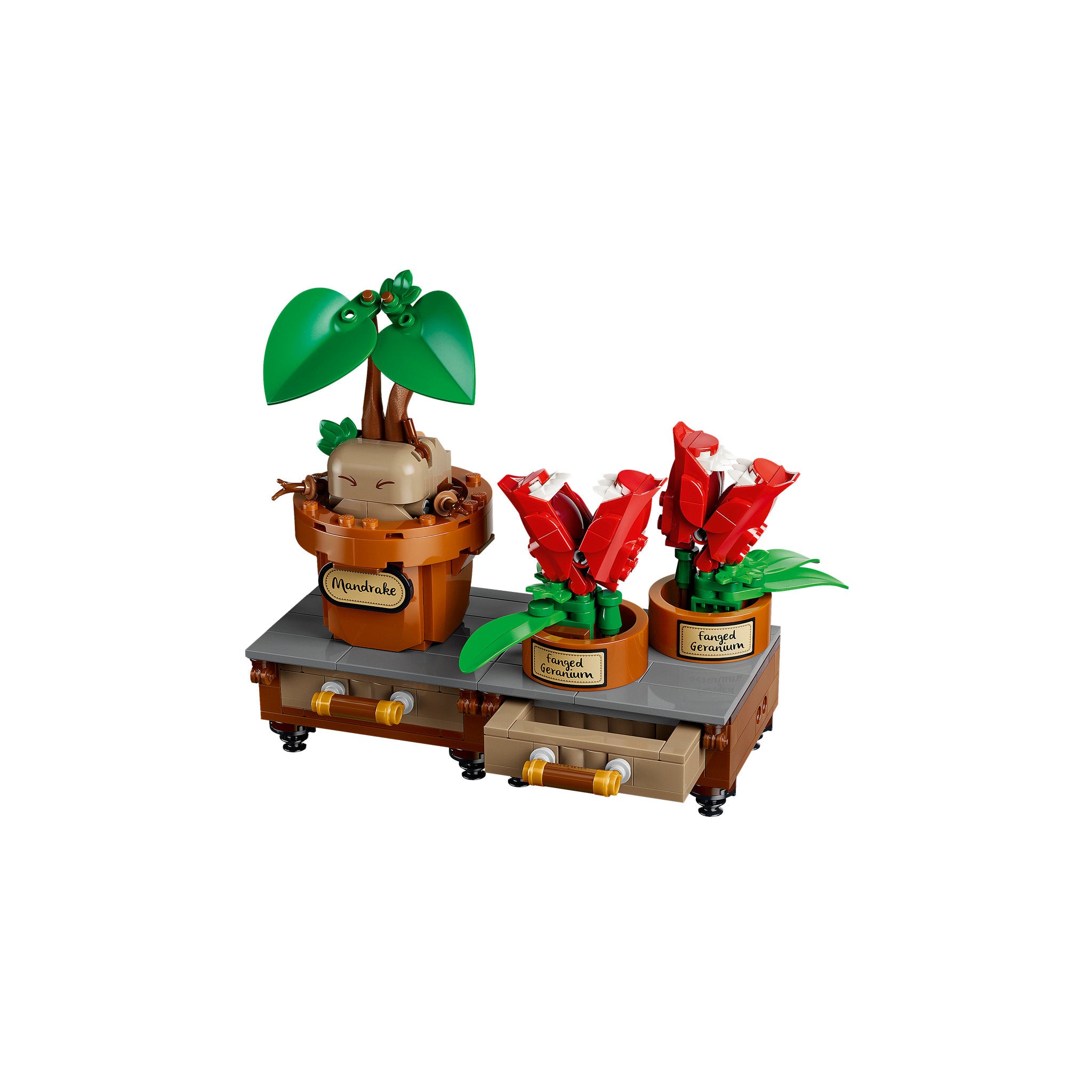 Assembled mandrake and Geraniums in LEGO 76474 Harry Potter Hogwarts Herbology Plants Set