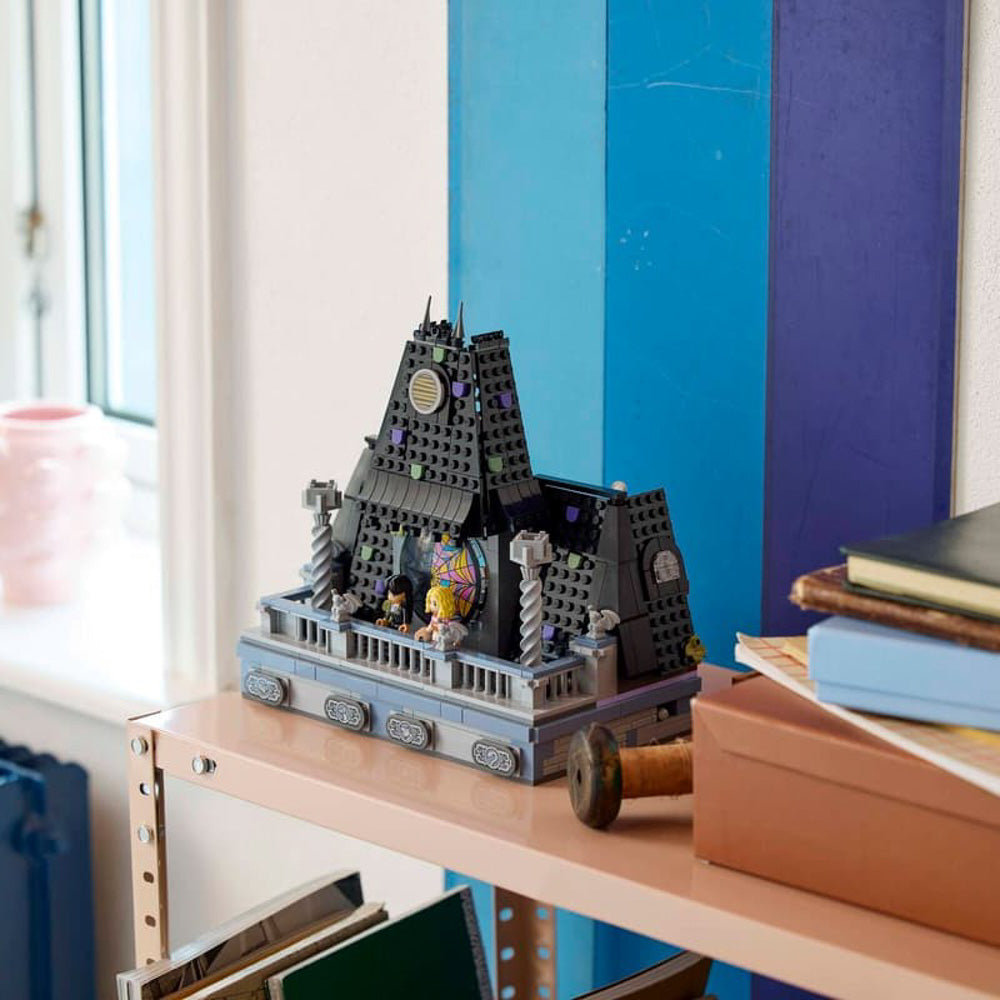 Assembled LEGO 76781 Wednesday & Enid's Dorm Room set, on display