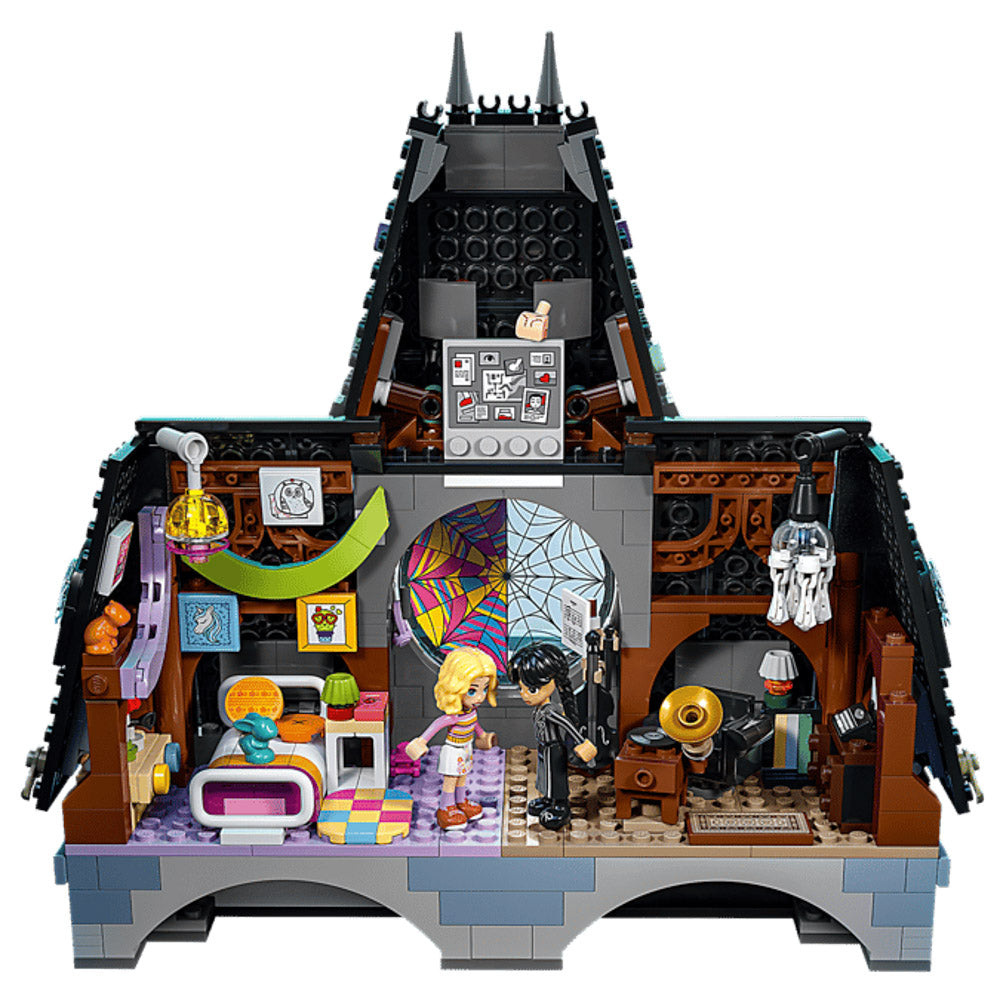 Inside the assembled LEGO 76781 Wednesday & Enid's Dorm Room set