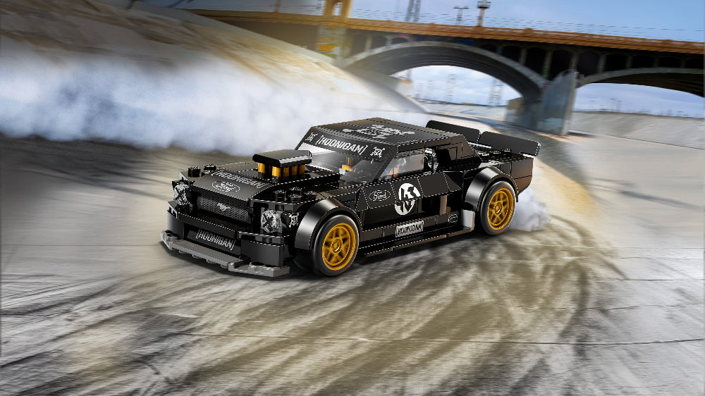 Assembled LEGO 77262 Speed Champions Ken Block's '65 Ford Mustang Set on a road