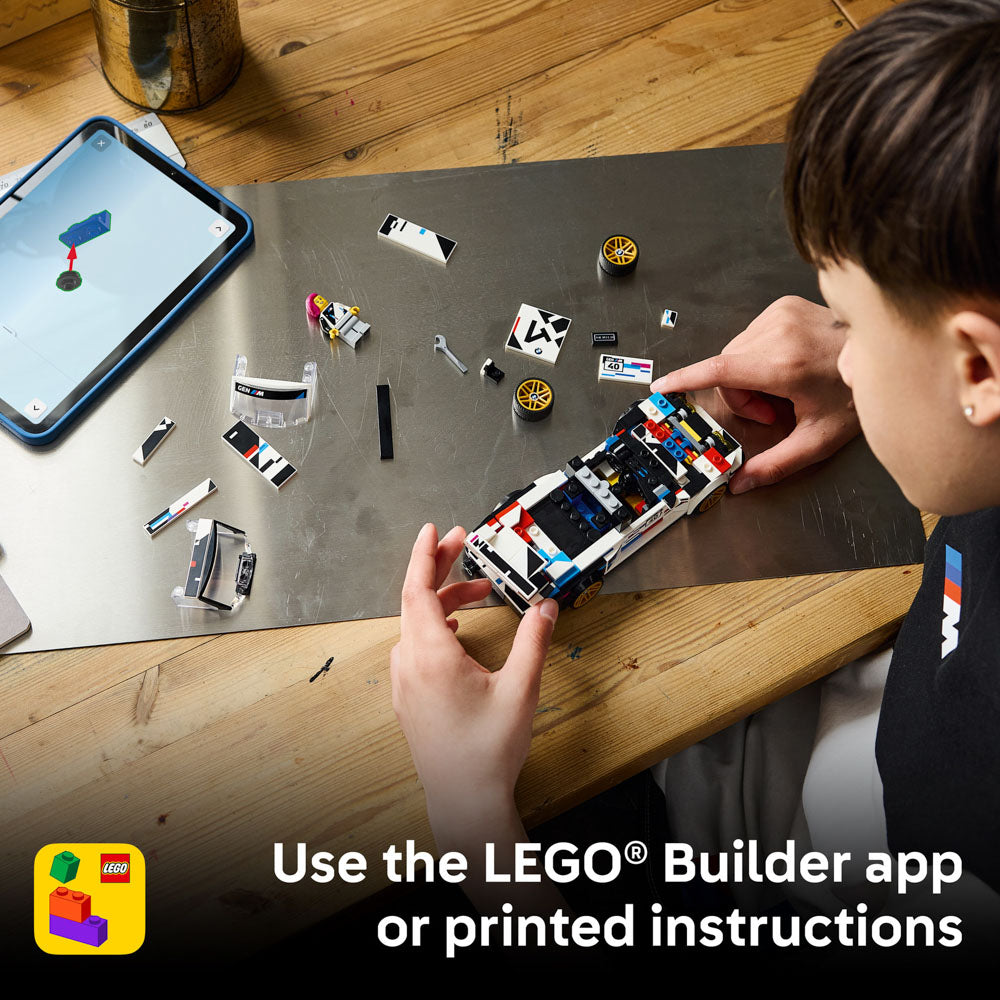 Use the Lego builder app to build the LEGO 77263 Speed Champions BMW E30 Mr Special Edition set