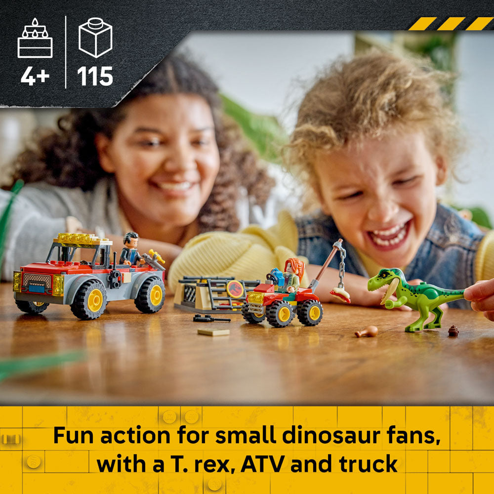 Child playing with the LEGO 77978 Jurassic World Young T.Rex Transport Truck set