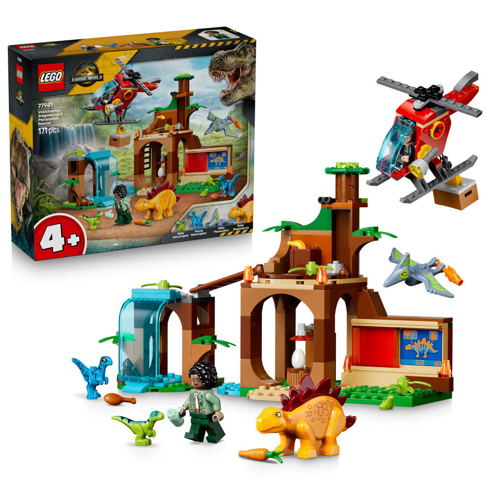 Assembled LEGO 77981 Jurassic World Velociraptor, Stegosaurus & Pteranodon Rescue set