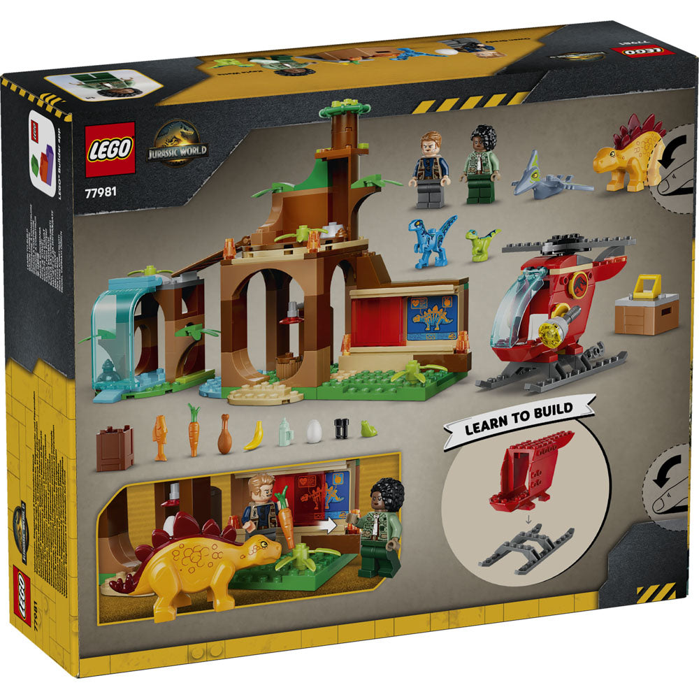 Back packaging of the LEGO 77981 Jurassic World Velociraptor, Stegosaurus & Pteranodon Rescue set