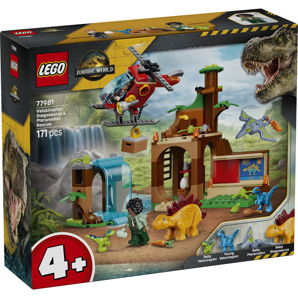 LEGO 77981 Jurassic World Velociraptor, Stegosaurus & Pteranodon Rescue set, in packaging