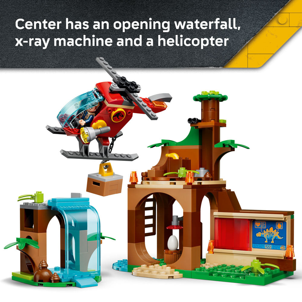 Waterfall, X-ray machine and helicopter included in the LEGO 77981 Jurassic World Velociraptor, Stegosaurus & Pteranodon Rescue set.