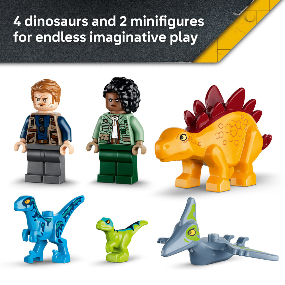 4 dinosaurs and 2 minifigures included in the LEGO 77981 Jurassic World Velociraptor, Stegosaurus & Pteranodon Rescue set.