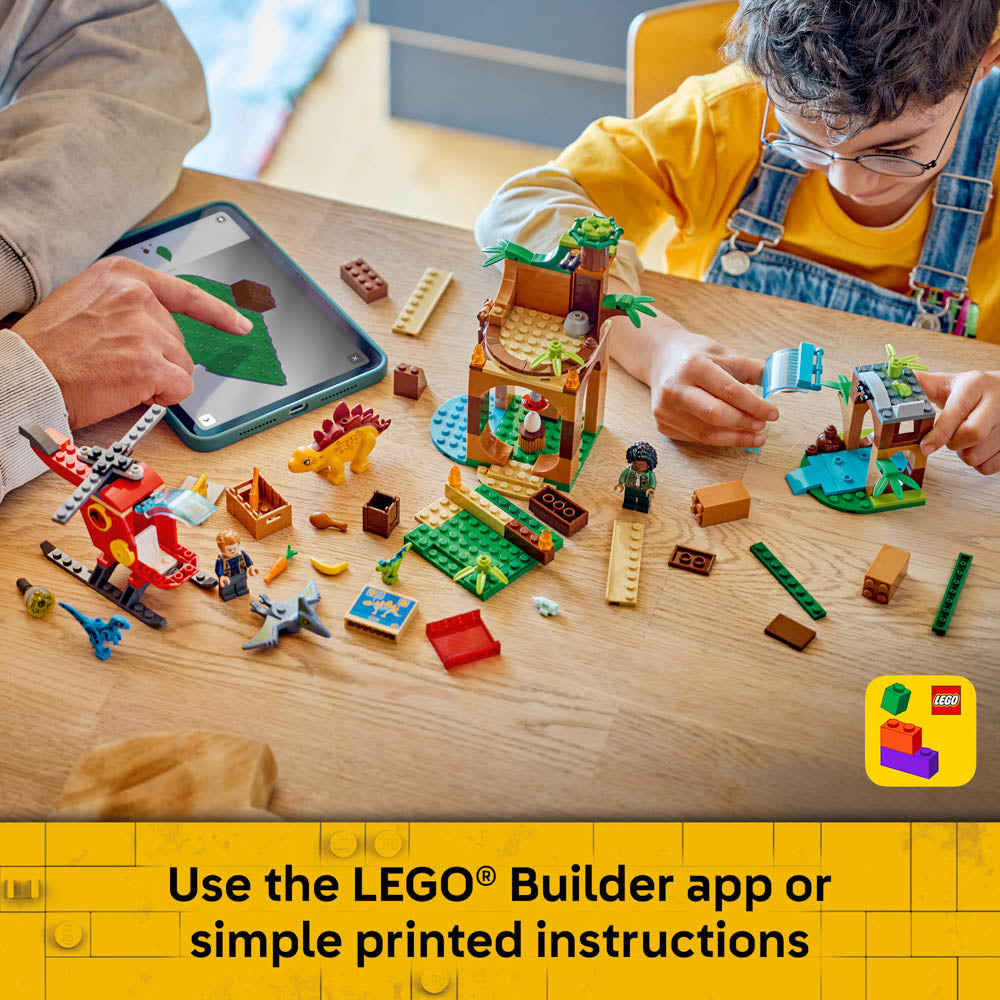 Use the LEGO builder app to build the LEGO 77981 Jurassic World Velociraptor, Stegosaurus & Pteranodon Rescue set.
