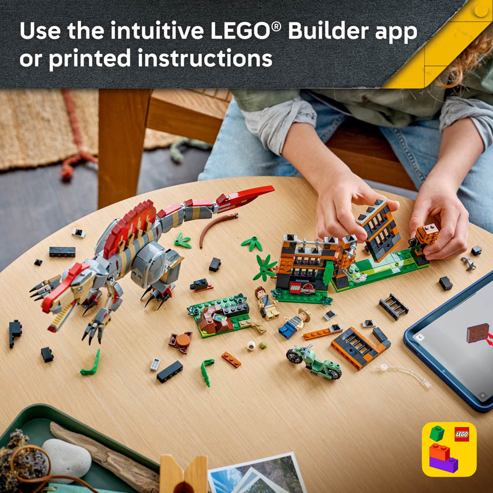 Use the LEGO builder app to build the LEGO 77982 Jurassic World Spinosaurus Dinosaur Escape set