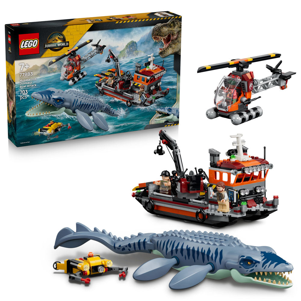 Assembled LEGO 77983 Jurassic World Mosasaurus Dinosaur Boat Attack set