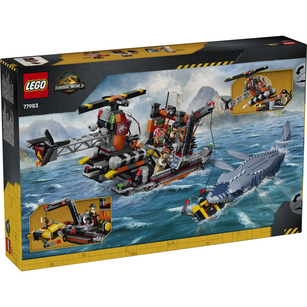Back packaging of the Assembled LEGO 77983 Jurassic World Mosasaurus Dinosaur Boat Attack set