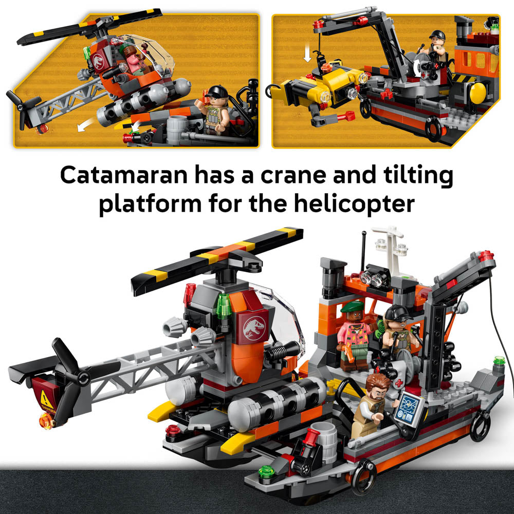 Catamaran has a crane and tilting platform for the helicopter, in the LEGO 77983 Jurassic World Mosasaurus Dinosaur Boat Attack set.