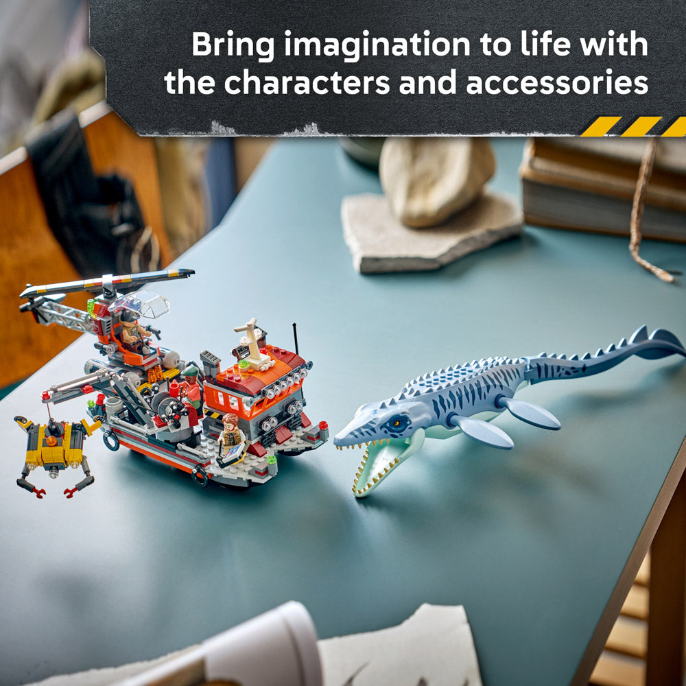 Assembled LEGO 77983 Jurassic World Mosasaurus Dinosaur Boat Attack set