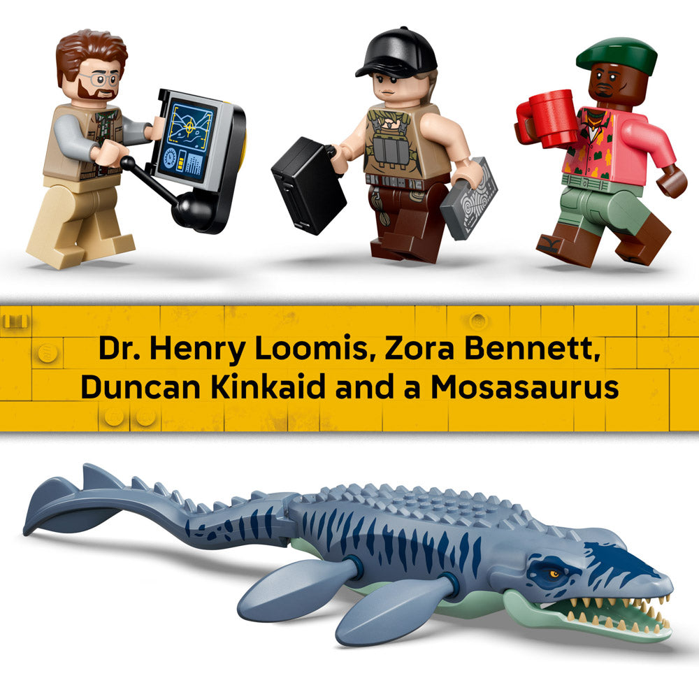 Minifigures in the Assembled LEGO 77983 Jurassic World Mosasaurus Dinosaur Boat Attack set