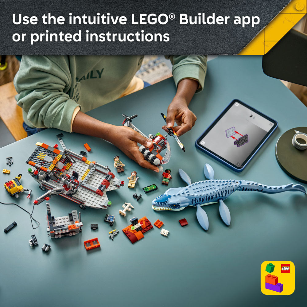 Use the LEGO builder app to build the LEGO 77983 Jurassic World Mosasaurus Dinosaur Boat Attack set