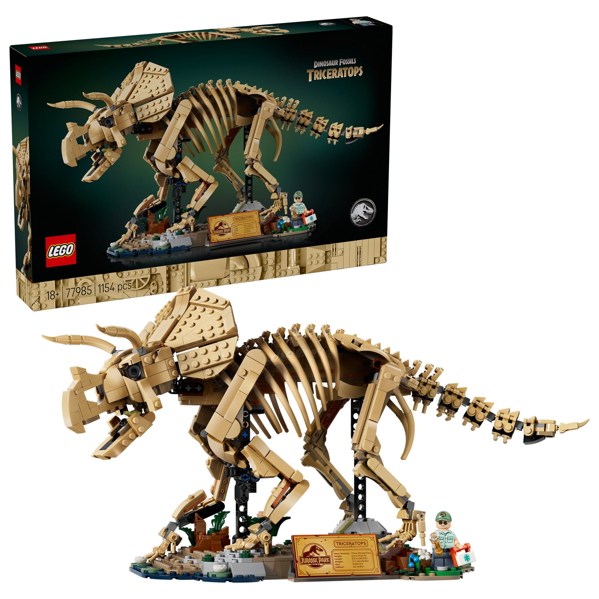 LEGO 77985 Jurassic World Dinosaur Fossils Triceratops Set in packaging, and assembled