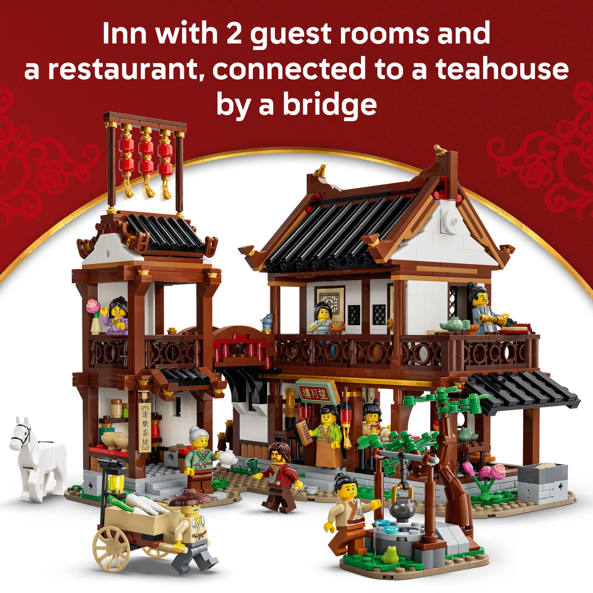 Assembled LEGO 80121 Ancient Moon Gazing Inn Set, showing rooms and bridge