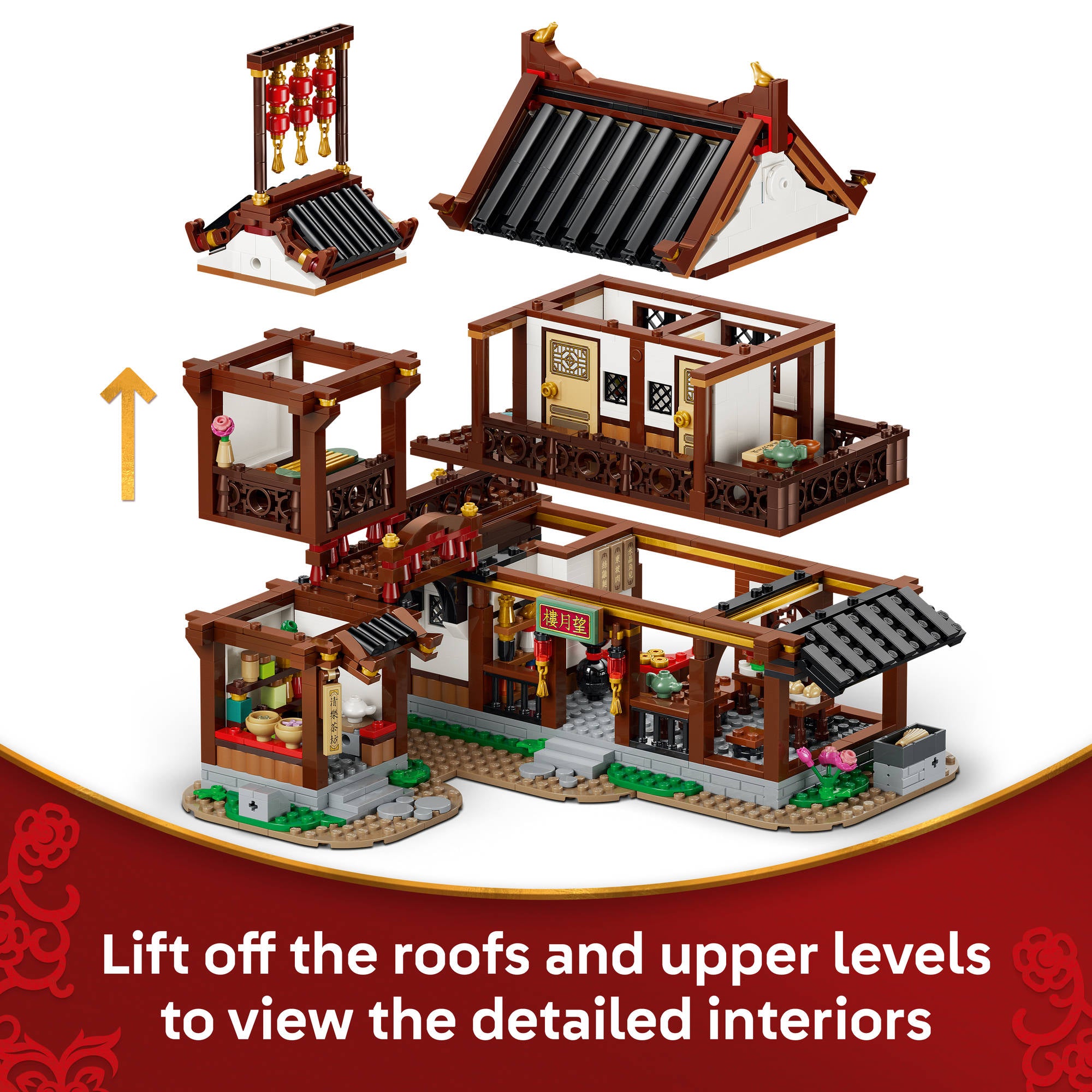 Assembled sections of the LEGO 80121 Ancient Moon Gazing Inn Set