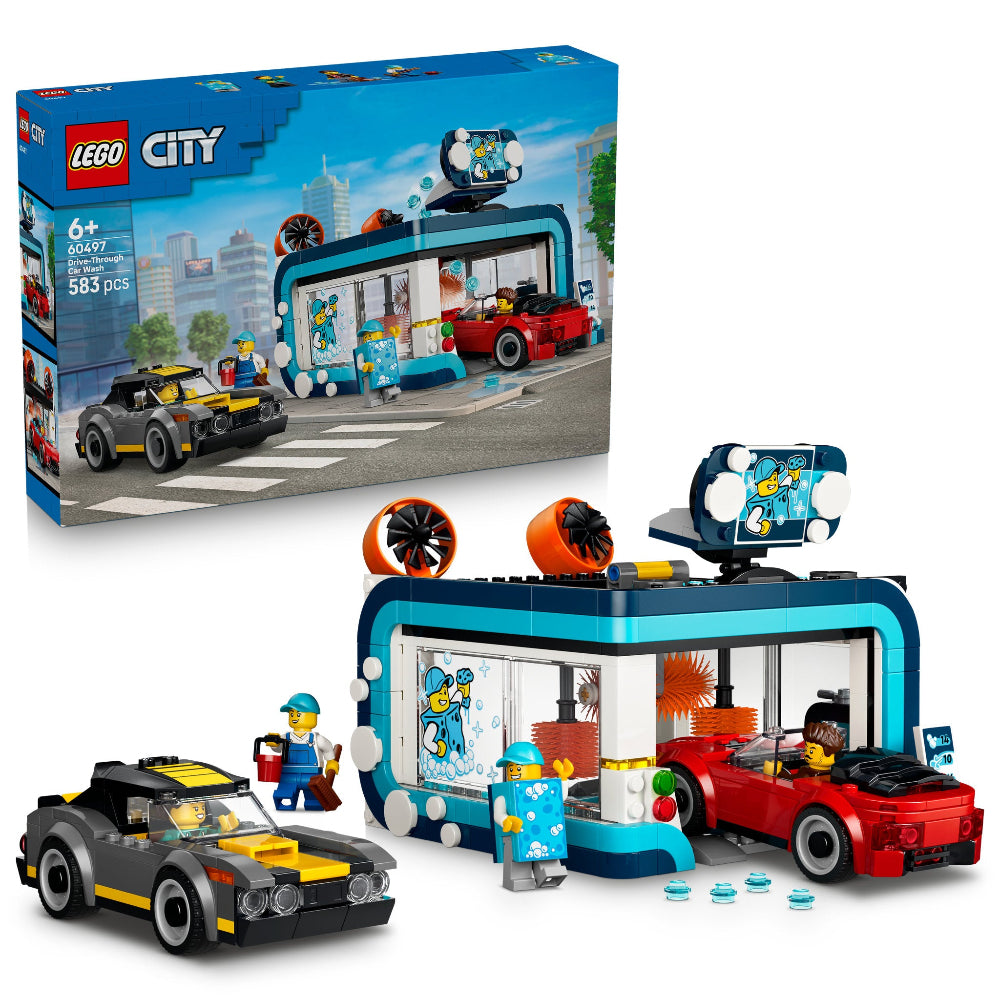 LEGO City Drive-Through Car Wash front packaging and assembled